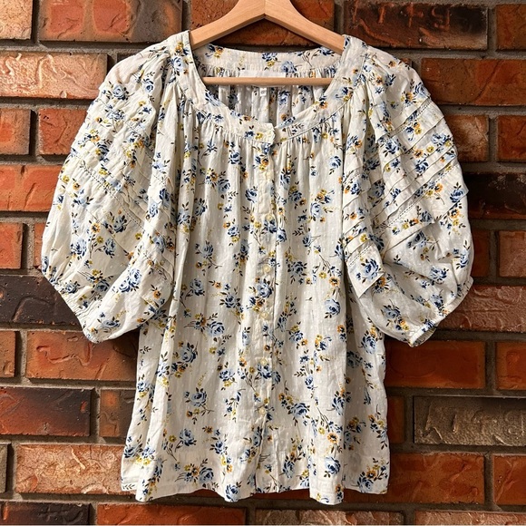THE GREAT. The Carriage pintucked Floral Cotton-voile Puff Sleeve Blouse - Picture 2 of 11